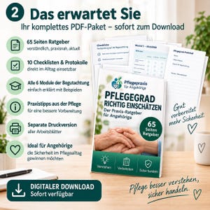 Peut inclure: Un guide numérique PDF intitulé PFLEGEGRAD RICHTIG EINSCHÄTZEN avec une couverture montrant des mains jointes. Le pack comprend 65 pages, 10 listes de contrôle, des protocoles, 6 modules, des conseils de soins et des feuilles imprimables.