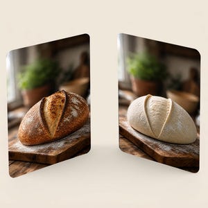 May include: Two rectangular panels displaying bread loaves on wooden boards. The left panel shows a dark, crusty, golden-brown baked loaf. The right panel shows a pale, unbaked dough loaf with a single scored line across the top surface.