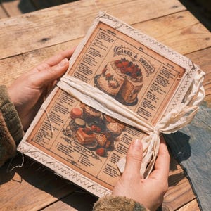 May include: A fabric-covered journal featuring a vintage-style print of cakes and sweets with text including "Cakes & Sweets" and various recipes. The cover has exposed stitched edges and is tied shut with a cream-coloured fabric ribbon.