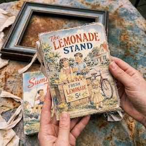 Pode incluir: Um livro retangular intitulado The Lemonade Stand com uma ilustração vintage de crianças numa banca de limonada, uma bicicleta vermelha e uma casa. A capa contém o texto Fresh Lemonade 5 cents e The Story for Boys and Girls.