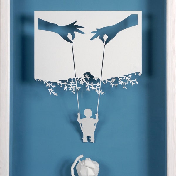 MOM, DAD, ME and the world - Paper cut and paper sculpture - photographic reproduction art card