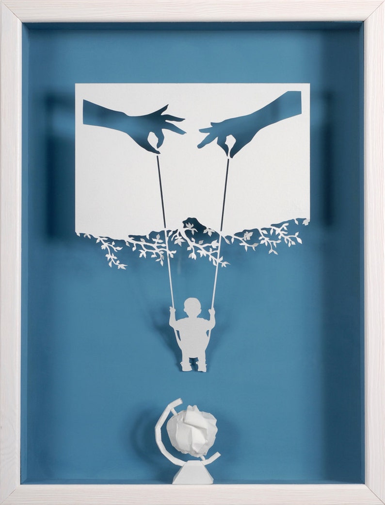 MOM, DAD, ME and the world Paper cut and paper sculpture photographic reproduction art card image 1