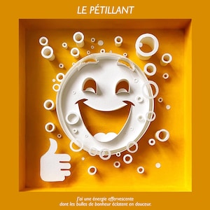 Carte joyeuse LE PÉTILLANT, carte postale, carte anniversaire, joie, bonheur, sourire, carte d'art, rire, art papier, bulles, champagne,