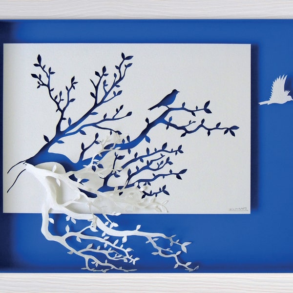 ON THE BRANCH - Paper cut and paper sculpture - photographic reproduction on art card
