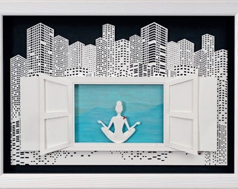 EMMERGENCY EXIT - Paper cut and paper sculpture - photographic reproduction art card