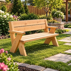 May include: A light-colored wooden garden bench featuring a horizontal backrest, flat armrests, and a seat supported by two pairs of crossed legs. The bench is constructed from smooth, natural-toned wood planks with visible grain and metal hardware.