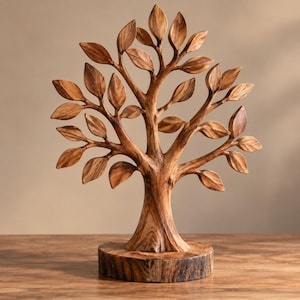 Peut inclure: Une sculpture d'arbre en bois sculpté présentant un tronc texturé et de nombreuses feuilles individuelles s'étendant depuis des branches. La pièce est montée sur une base en bois circulaire épaisse avec des motifs de grain visibles.