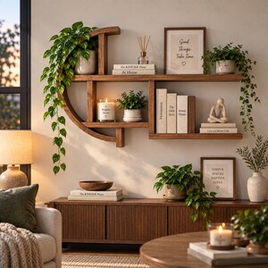May include: A crescent-shaped wooden wall shelf featuring multiple horizontal tiers holding books, potted plants, a candle, and framed art. The shelf has a dark wood finish and is mounted on a wall above a wooden console table with additional decor.