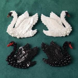 Aplique de cisne feito à mão com miçangas, aplique de pássaro com lantejoulas 3D para jaqueta jeans de noiva, motivo de moda DIY de alta costura, presente elegante para ela.