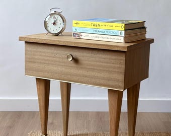 Vintage Mid-Century Nightstand 1950s-60s, Bedside or Side Table, Drop-Front Compartment with Chain, Gold Tipped Legs, Stripped Wood