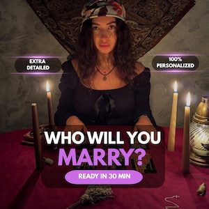 May include: A person wearing a black top and a patterned headscarf sits behind a red table with lit candles and tarot cards. Text overlays read: EXTRA DETAILED, 100% PERSONALIZED, WHO WILL YOU MARRY?, and READY IN 30 MIN.
