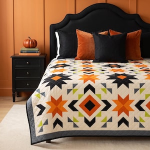 Halloween Quilt Pattern PDF, Orange Black Star Throw, Fall Bedroom Blanket Sewing Instruction