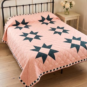 Ohio Star Quilt Pattern PDF, Blush Pink Geometric Blanket, Farmhouse Bedspread