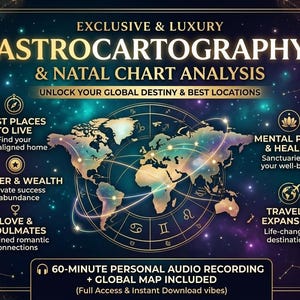 May include: A dark blue graphic featuring a world map overlaid with a golden zodiac wheel. Text reads: EXCLUSIVE & LUXURY ASTROCARTOGRAPHY & NATAL CHART ANALYSIS, UNLOCK YOUR GLOBAL DESTINY & BEST LOCATIONS, and 60-MINUTE PERSONAL AUDIO RECORDING.