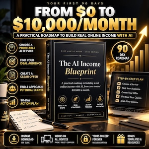 Puede incluir: Un libro negro titulado The AI Income Blueprint con texto e iconos dorados. La portada muestra una hoja de ruta de 90 días, un plan paso a paso y estrategias. Incluye un cuaderno, un bolígrafo y un ordenador portátil con objetivos.