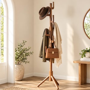 May include: A tall, free-standing wooden coat rack with a central post and multiple staggered hooks. The rack holds a brown fedora hat, an olive green jacket, a cream-colored fringed scarf, and a structured tan leather handbag.