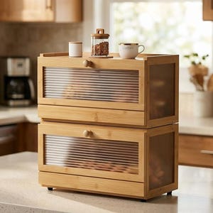 May include: A two-tier bamboo bread box featuring a rectangular frame with light wood tones and ribbed glass front panels. Each level includes a small wooden knob handle for opening the drop-down door. The top surface holds a small white jar, a glass container with a wooden lid, and a white mug.