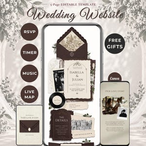 May include: A 5-page editable wedding website template displayed on mobile devices. The design features dark brown and cream tones with floral accents, including text for Isabella & Julian, RSVP, Timer, Music, Live Map, and Our Love Story.