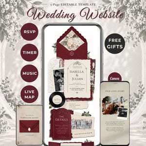 May include: A 5-page editable wedding website template featuring burgundy and cream stationery designs. The display shows mobile screens with RSVP, timer, music, and live map icons, alongside text reading Isabella & Julian, The Details, and Our Love Story.