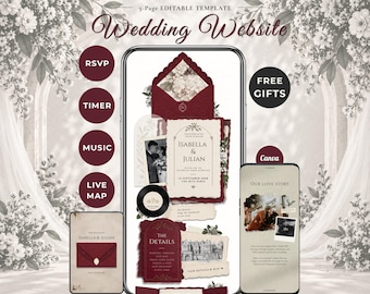 Modèle de site web de mariage bordeaux et ivoire style classique, RSVP, musique et compte à rebours | Invitation Canva modifiable (téléchargement numérique)