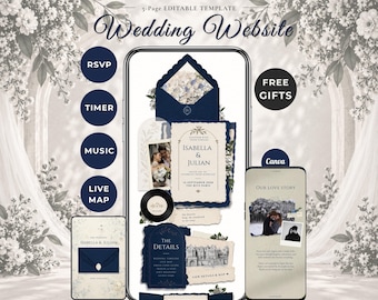 Midnight Navy Blue & Ivory Old Money Wedding Website Template, RSVP, Music and Countdown | Editable Canva Invitation (Digital Download)