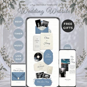 May include: A 5-page editable wedding website template displayed on three smartphone screens. The design features blue and white floral accents, text including Clara & Henry, RSVP, Timer, Music, Live Map, and Our Love Story, with various photo placeholders and decorative elements.