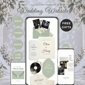 May include: A 5-page editable wedding website template displayed on three smartphone screens. The design features sage green envelopes, cream-colored cards with the text Clara & Henry, and black and white photos. The layout includes buttons for RSVP, timer, music, and live map, all set against a floral arch background.