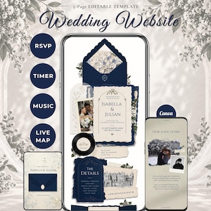 Midnight Navy Blue & Ivory Old Money Wedding Website Template, RSVP, Music and Countdown | Editable Canva Invitation (Digital Download)