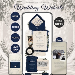 Midnight Navy Blue & Ivory Old Money Wedding Website Template, RSVP, Music and Countdown | Editable Canva Invitation (Digital Download)