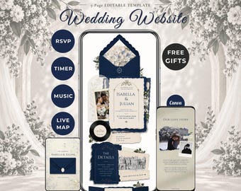 Midnight Navy Blue & Ivory Old Money Wedding Website Template, RSVP, Music and Countdown | Editable Canva Invitation (Digital Download)