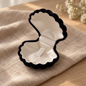 Black Velvet Seashell Ring Box, Wedding & Engagement Proposal Box, Shell Shaped Jewelry Gift Box