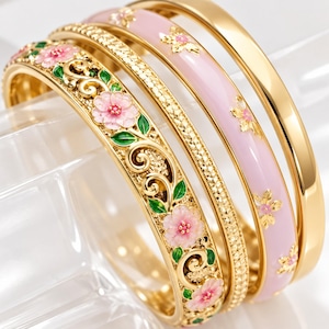 Floral Bangle Set, Four Gold-Tone With Enamel, Retro Metal Jewelry