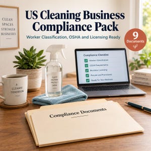 May include: A US Cleaning Business Compliance Pack featuring a laptop displaying a checklist, a spray bottle labeled 'CLEAN PREPARE PROTECT GROW', a mug with 'A CLEANER TOMORROW', a blue cloth, and a manila folder labeled 'Compliance Documents'.