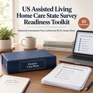 以下が含まれることがあります： Resident Care Plansとラベル付けされた濃い青色のバインダーが、Survey Readiness Checklistを表示したノートパソコン、書類の束、ノート、マグカップ、Quality Careというタイトルの本の横のデスクの上に置かれています。