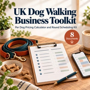 Peut inclure: Un kit d'outils pour entreprise de promenade de chiens au Royaume-Uni comprenant un presse-papier avec liste de contrôle, une laisse bleue et orange, des friandises en forme d'os, un stylo et un smartphone. Le texte indique UK Dog Walking Business Toolkit.