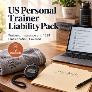 May include: A US Personal Trainer Liability Pack featuring 9 documents, a grey towel with the text STRONGER PEOPLE HEALTHIER LIVES, a black digital stopwatch, a laptop displaying a Client Onboarding Checklist, and a folder labeled Client Records.