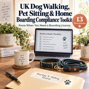 May include: A digital compliance toolkit for UK dog walking and pet sitting businesses, featuring a laptop displaying a business checklist, a speckled mug with the text Good Dogs Brighter Days, a dark green dog collar and leash, and a folder labeled Boarding & Walking Records.