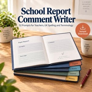 May include: A stack of notebooks with a dark blue cover, featuring an open page titled Pupil Report with sections for Strengths and Next steps. The pages include the text Kind People Brighter Futures. Tabs labeled English, Maths, Science, and History extend from the side. A red pen lies nearby.