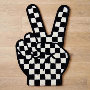 Peace Hand Rug | Checkered Peace Sign Rug | Hand Shaped Irregular Rug | Funky Checkerboard Rug | Victory Hand Tufted Rug