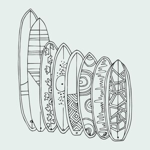 May include: A black and white line art illustration featuring a collection of eight surfboards arranged in a row. Each surfboard displays a unique pattern, including horizontal stripes, floral motifs, geometric shapes, and concentric circles.