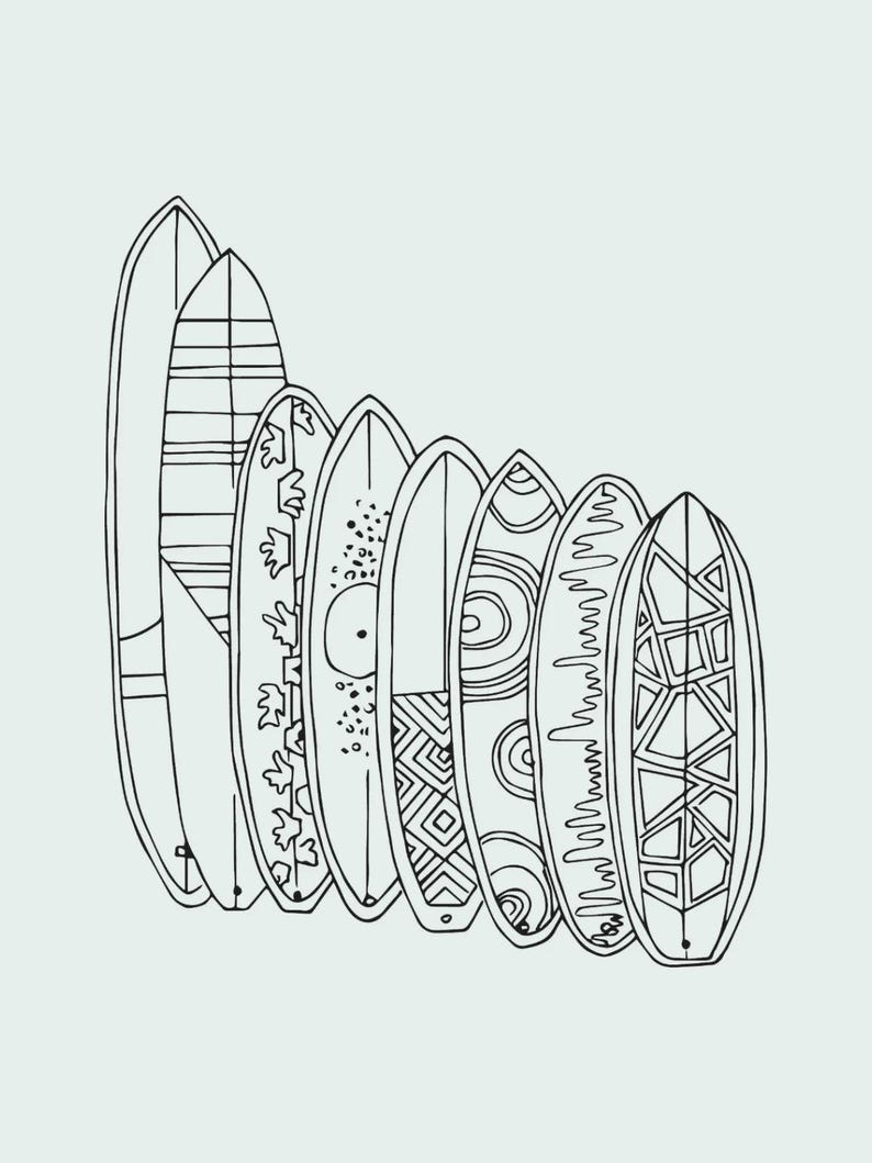 May include: A black and white line art illustration featuring a collection of eight surfboards arranged in a row. Each surfboard displays a unique pattern, including horizontal stripes, floral motifs, geometric shapes, and concentric circles.