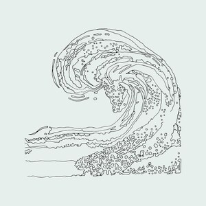 May include: A black and white line art illustration of a crashing ocean wave. The drawing features detailed contours and circular patterns representing sea foam and water droplets, set against a solid, light-colored background.