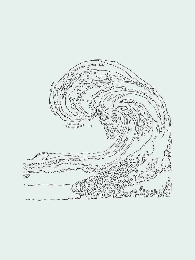 May include: A black and white line art illustration of a crashing ocean wave. The drawing features detailed contours and circular patterns representing sea foam and water droplets, set against a solid, light-colored background.