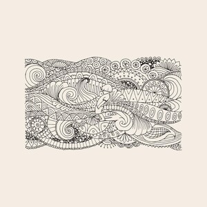 May include: A black and white line art illustration featuring a central figure standing amidst complex, flowing patterns of waves, swirls, geometric shapes, and circular motifs. The intricate design covers a rectangular area with dense detail.