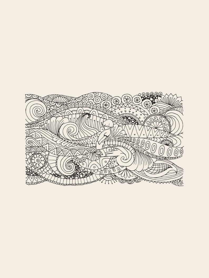 May include: A black and white line art illustration featuring a central figure standing amidst complex, flowing patterns of waves, swirls, geometric shapes, and circular motifs. The intricate design covers a rectangular area with dense detail.