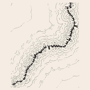 May include: A black and white line drawing featuring a central, winding, thick black stitch pattern that resembles a seam. The design is surrounded by concentric, wavy, thin black lines that create a topographical or ripple-like effect.