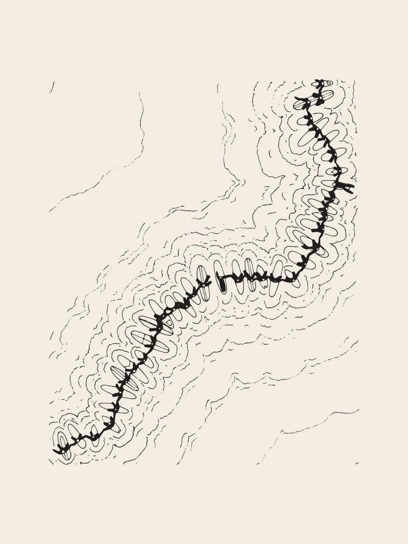 May include: A black and white line drawing featuring a central, winding, thick black stitch pattern that resembles a seam. The design is surrounded by concentric, wavy, thin black lines that create a topographical or ripple-like effect.