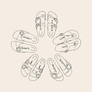 May include: A black and white line art illustration featuring a circular arrangement of various Birkenstock sandal styles. Each sandal outline displays the Birkenstock brand name and buckle details, presented against a solid light beige background.