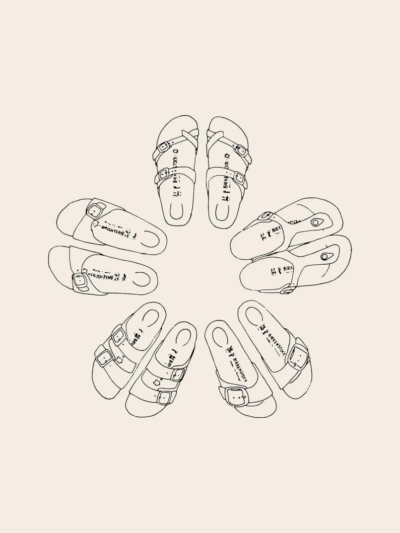May include: A black and white line art illustration featuring a circular arrangement of various Birkenstock sandal styles. Each sandal outline displays the Birkenstock brand name and buckle details, presented against a solid light beige background.