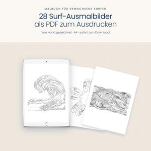 May include: A digital tablet displaying a black and white line art drawing of a large ocean wave, accompanied by two printed sheets featuring hand-drawn illustrations of sandals and intricate wave patterns for coloring activities.